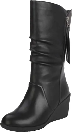 Womens High Heels Boots Dressy Causal Ruched Faux Leather Mid Calf Boots Motorcycle Riding Tall Boot with Zipper