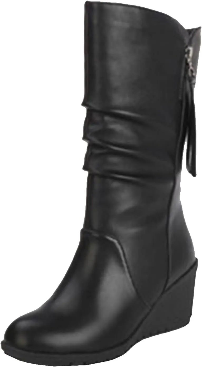 Womens High Heels Boots Dressy Causal Ruched Faux Leather Mid Calf Boots Motorcycle Riding Tall Boot with Zipper
