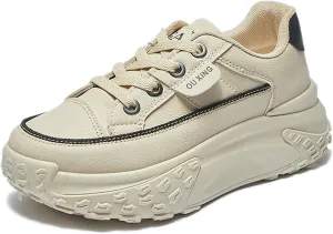 Women's Leather Platform Increasing Sneakers Fashion Chunky Lace Up Low Top Sports Trainers High Top Casual Non-Slip Walking Dad Shoes