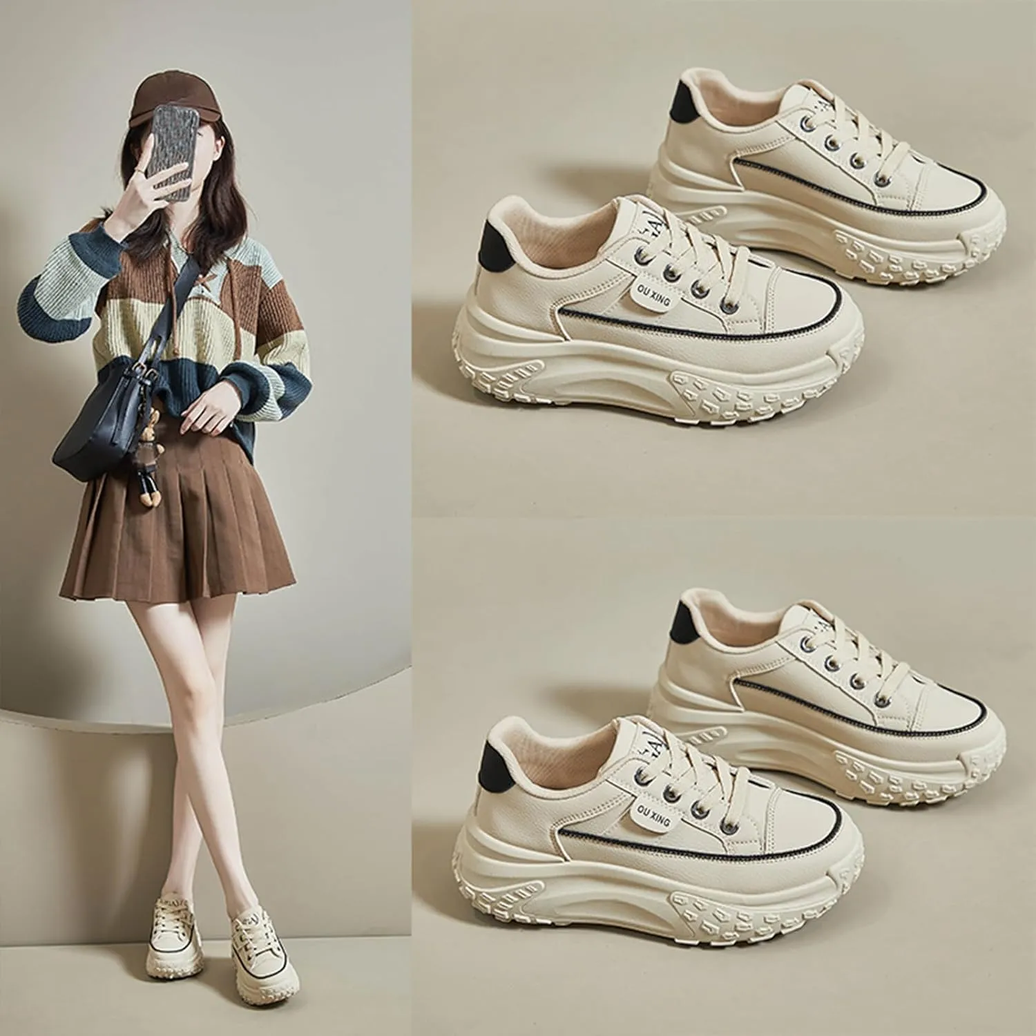 Women's Leather Platform Increasing Sneakers Fashion Chunky Lace Up Low Top Sports Trainers High Top Casual Non-Slip Walking Dad Shoes