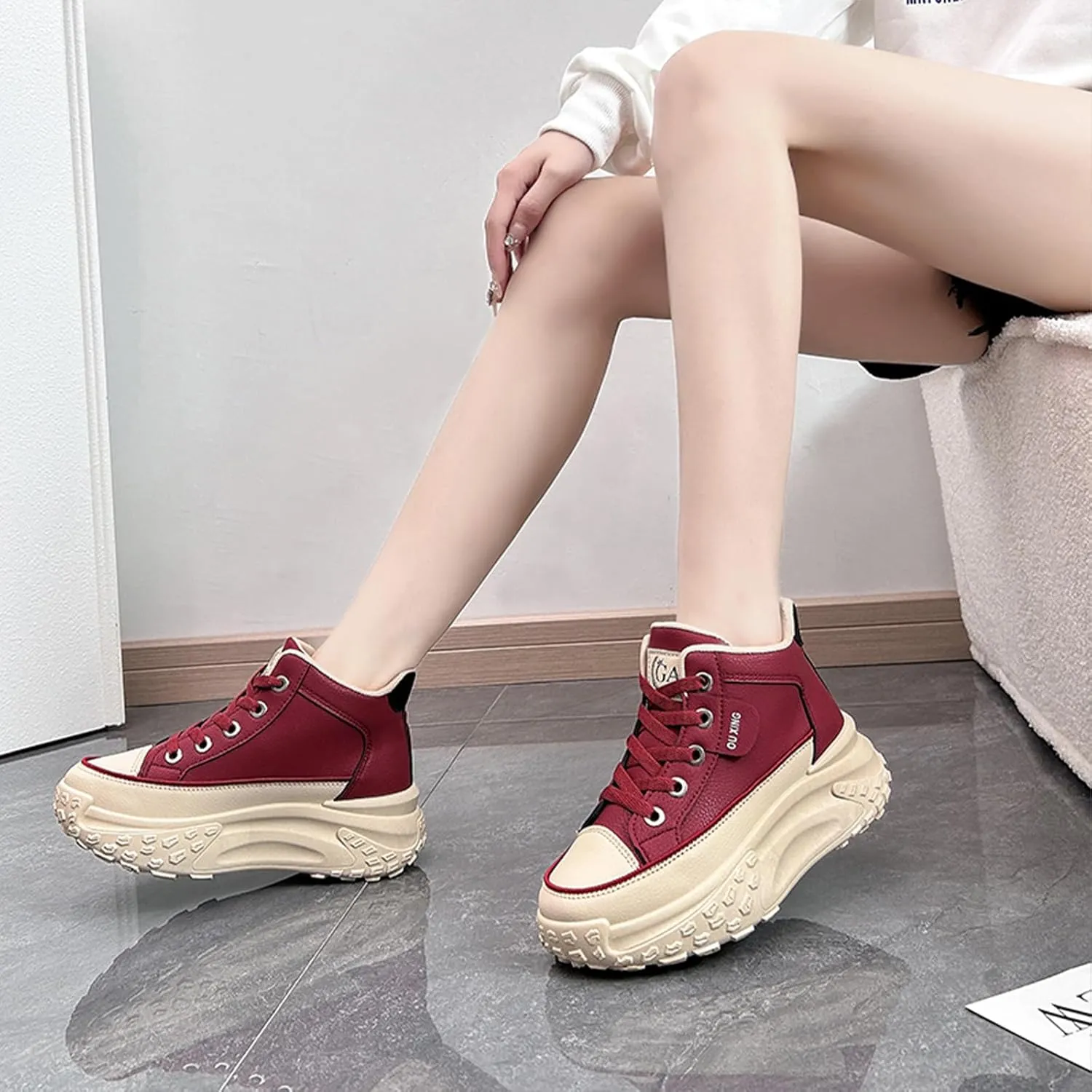 Women's Leather Platform Increasing Sneakers Fashion Chunky Lace Up Low Top Sports Trainers High Top Casual Non-Slip Walking Dad Shoes
