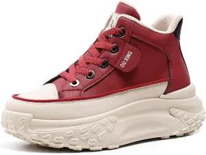 Women's Leather Platform Increasing Sneakers Fashion Chunky Lace Up Low Top Sports Trainers High Top Casual Non-Slip Walking Dad Shoes