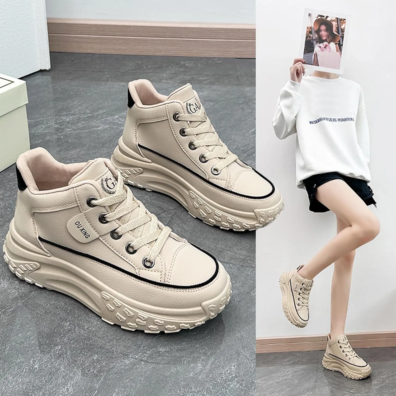 Women's Leather Platform Increasing Sneakers Fashion Chunky Lace Up Low Top Sports Trainers High Top Casual Non-Slip Walking Dad Shoes