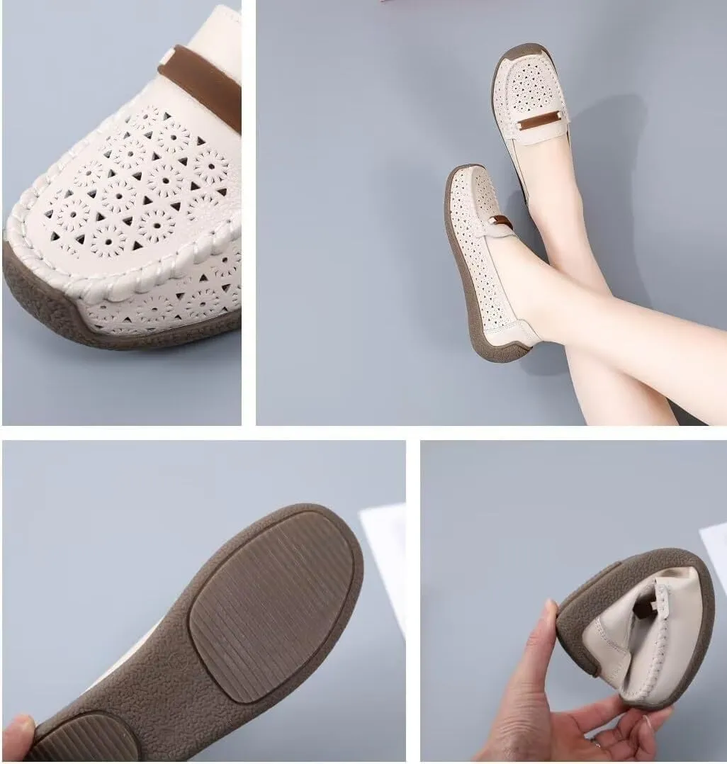 Women's Leather Shoes Loafers Flats Sandals Slip-On Cutout