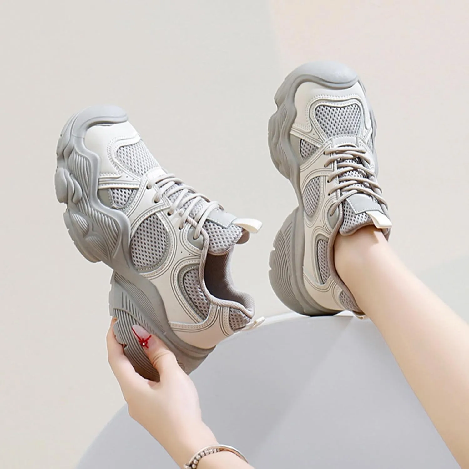 Women's Lightweight Casual Trainers - Autumn/Spring Fashion Sneakers with Breathable Platform, Low-Top/Dad Shoes,Grey-39