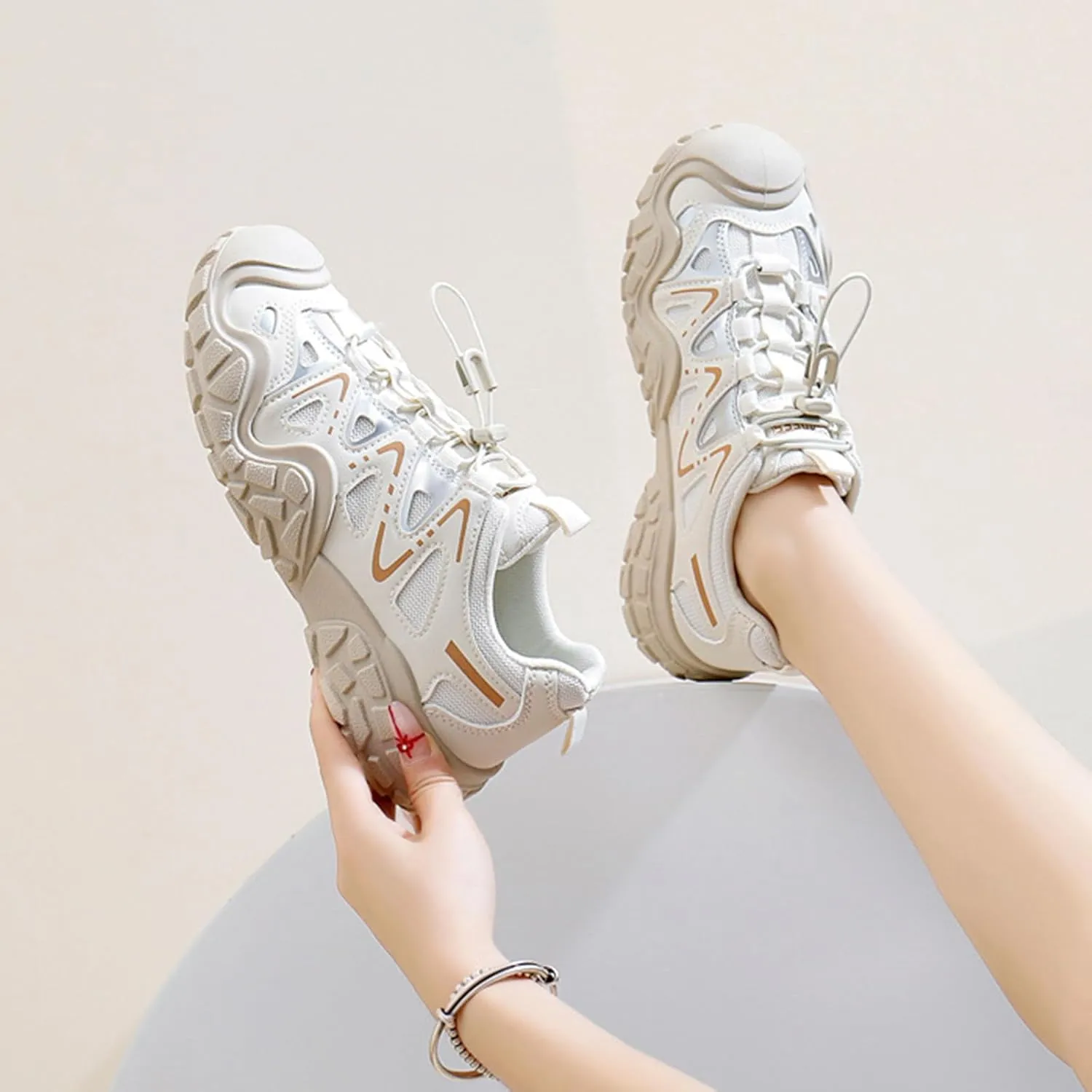 Women's Lightweight Lace-up Sneakers - Casual Low-top Platform Trainers for Comfort/Fashion - Breathable Dad Shoes for Autumn/Spring,Beige-38