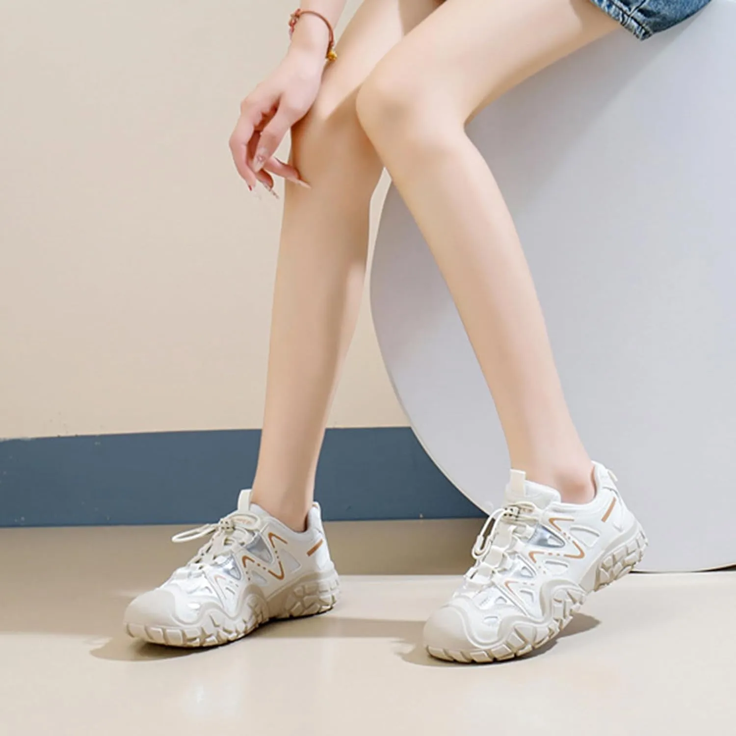 Women's Lightweight Lace-up Sneakers - Casual Low-top Platform Trainers for Comfort/Fashion - Breathable Dad Shoes for Autumn/Spring,Beige-38