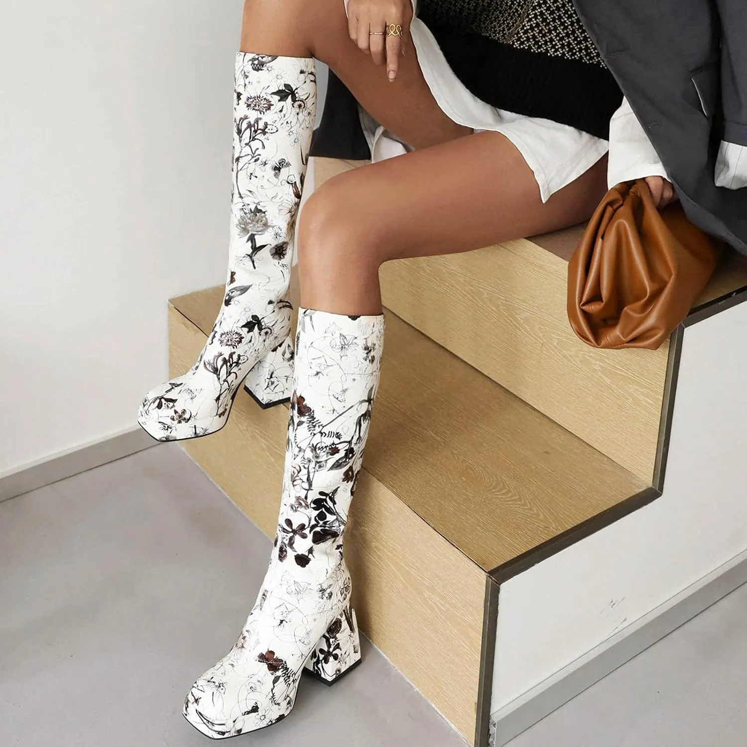 Women's Platform Knee High Boots Chunky High Heeled Boots Colorful Flower Square Toe Fashion Boots Party Dress Shoes