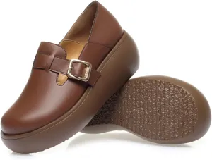 Women's Retro Leather Belt Buckle Thick Sole Loafers Fashionable and Comfortable Handmade Leather Thick Soled Shoes
