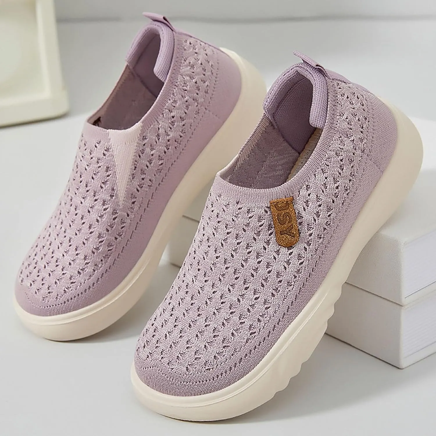 Women's Soft Orthopedic Shoes Breathable Woven Go Walking Slip On Foam Shoes Arch Support Hands Slip in Chunky Wedge