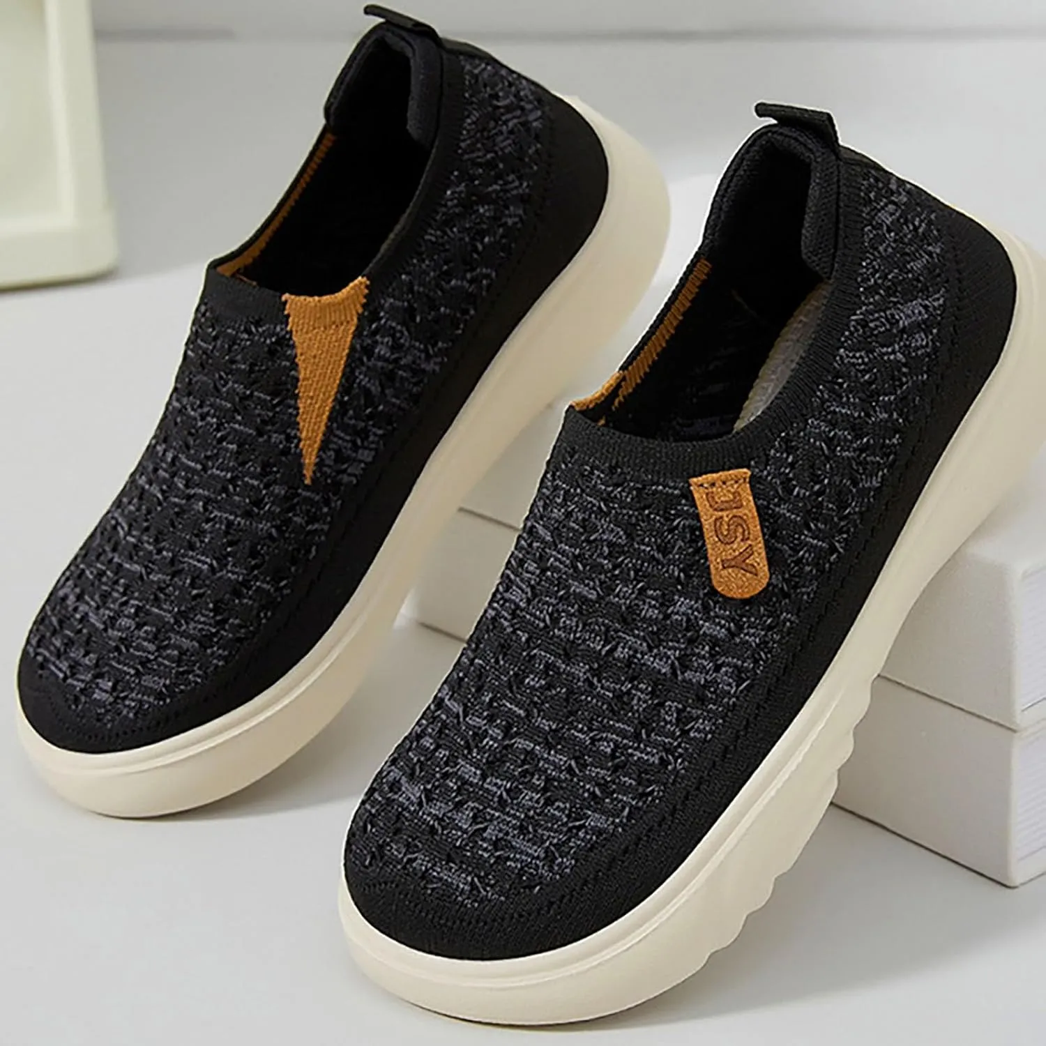 Women's Soft Orthopedic Shoes Breathable Woven Go Walking Slip On Foam Shoes Arch Support Hands Slip in Chunky Wedge