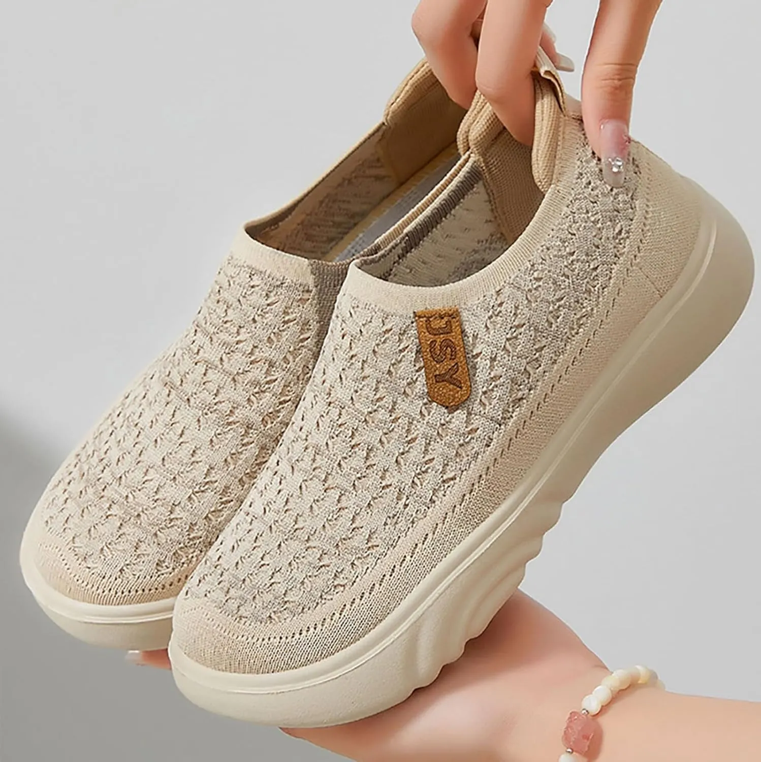 Women's Soft Orthopedic Shoes Breathable Woven Go Walking Slip On Foam Shoes Arch Support Hands Slip in Chunky Wedge