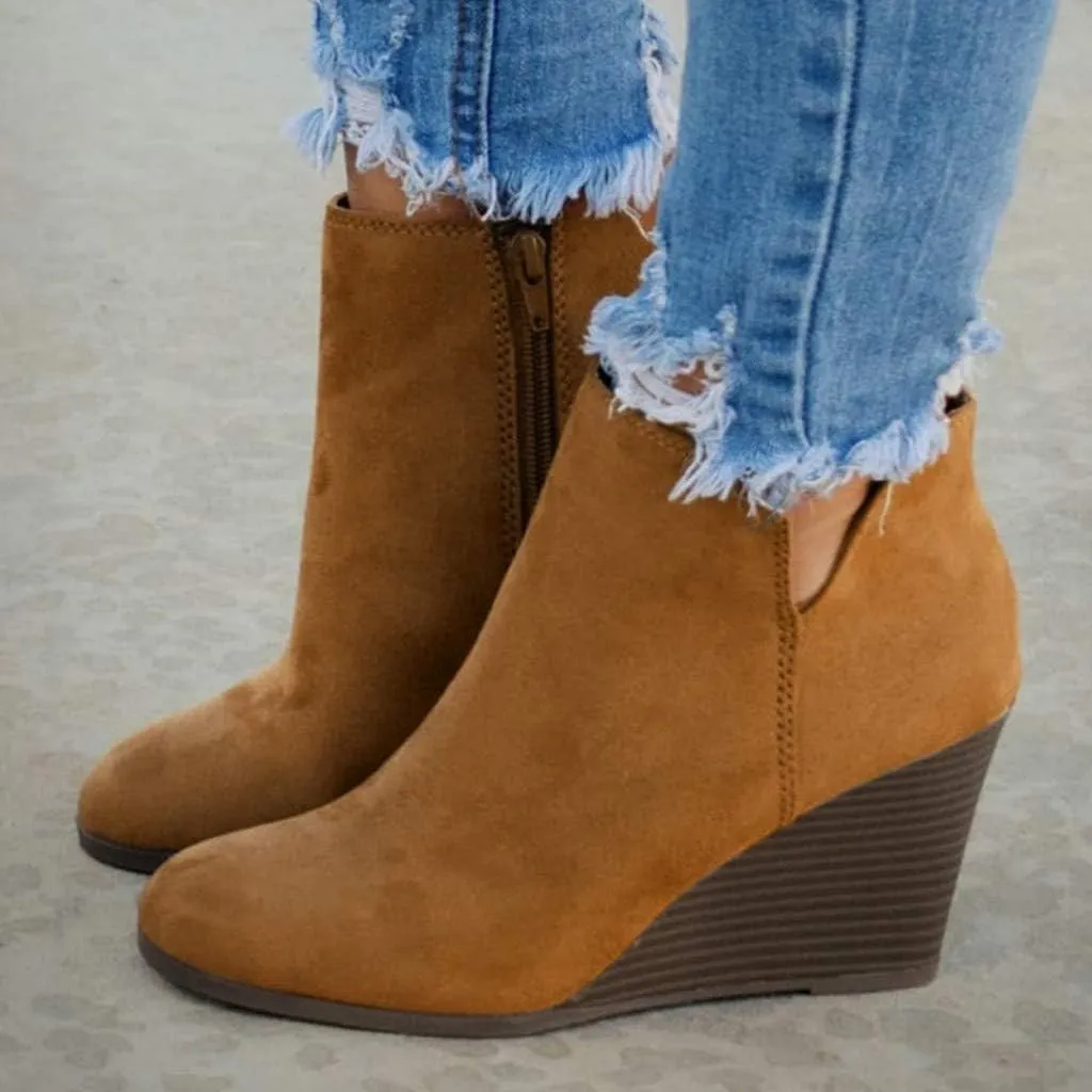 Women's Wedge Ankle Booties Comfortable Side Zipper Slip on Cutout Pointed Toe Chunky Heel Ankle Boots
