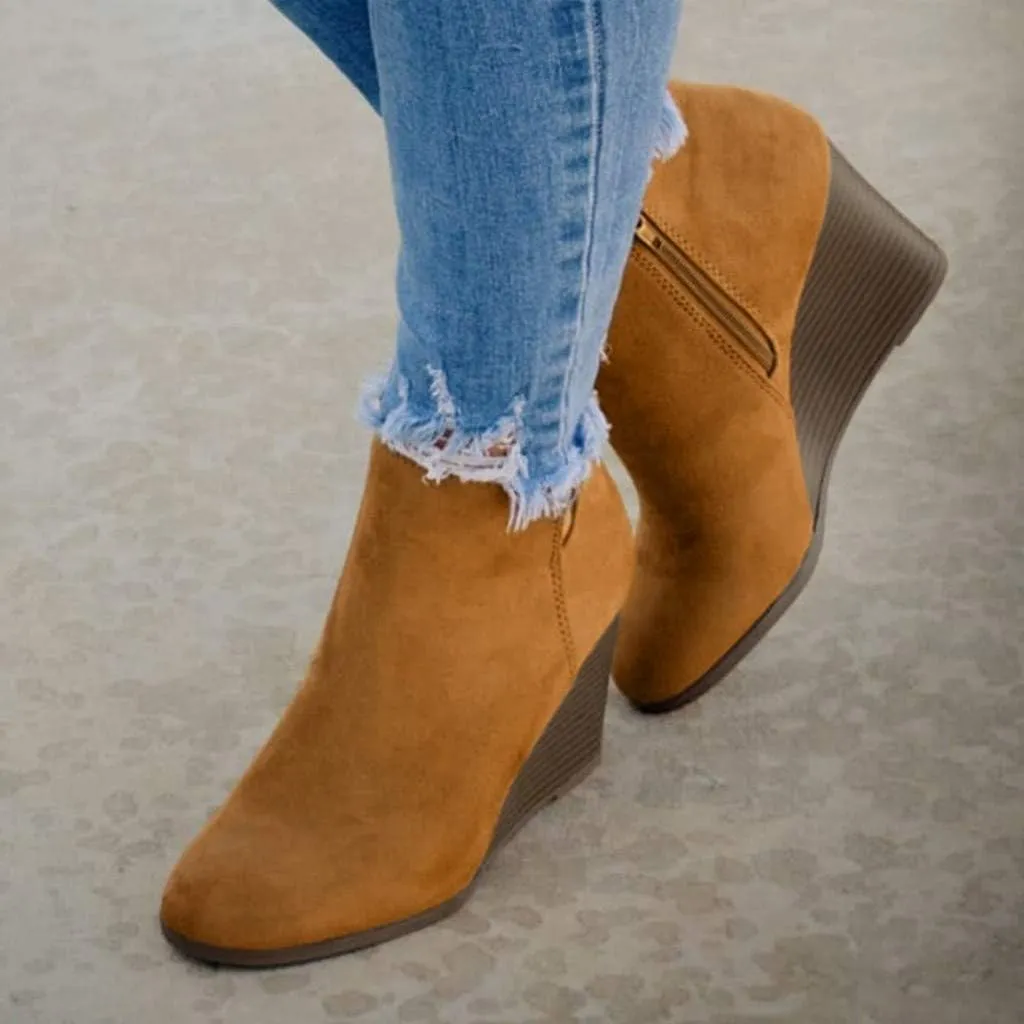 Women's Wedge Ankle Booties Comfortable Side Zipper Slip on Cutout Pointed Toe Chunky Heel Ankle Boots