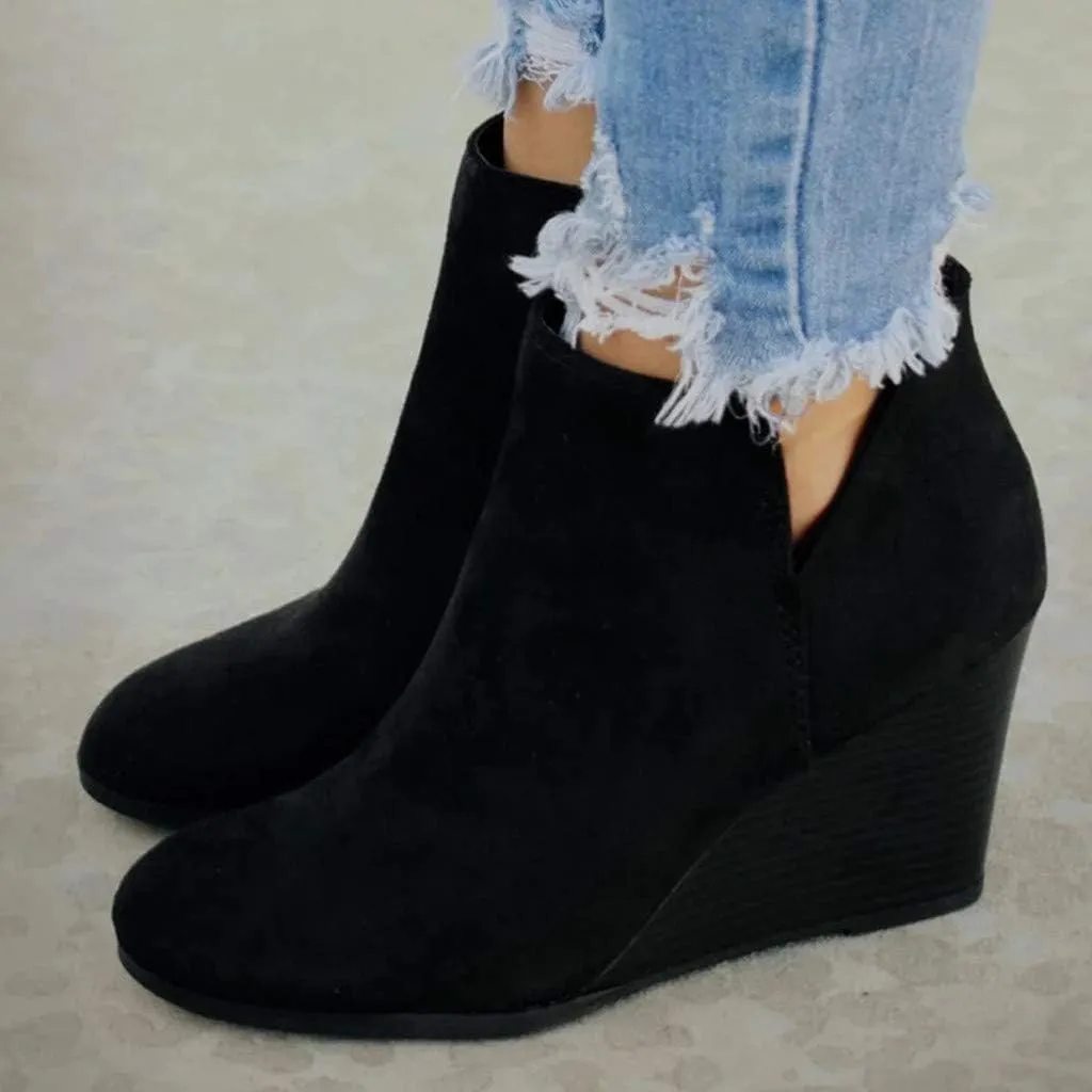 Women's Wedge Ankle Booties Comfortable Side Zipper Slip on Cutout Pointed Toe Chunky Heel Ankle Boots
