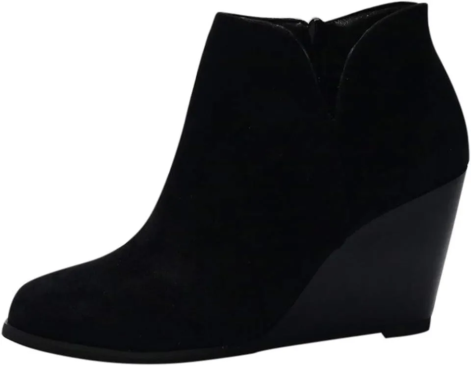 Women's Wedge Ankle Booties Comfortable Side Zipper Slip on Cutout Pointed Toe Chunky Heel Ankle Boots