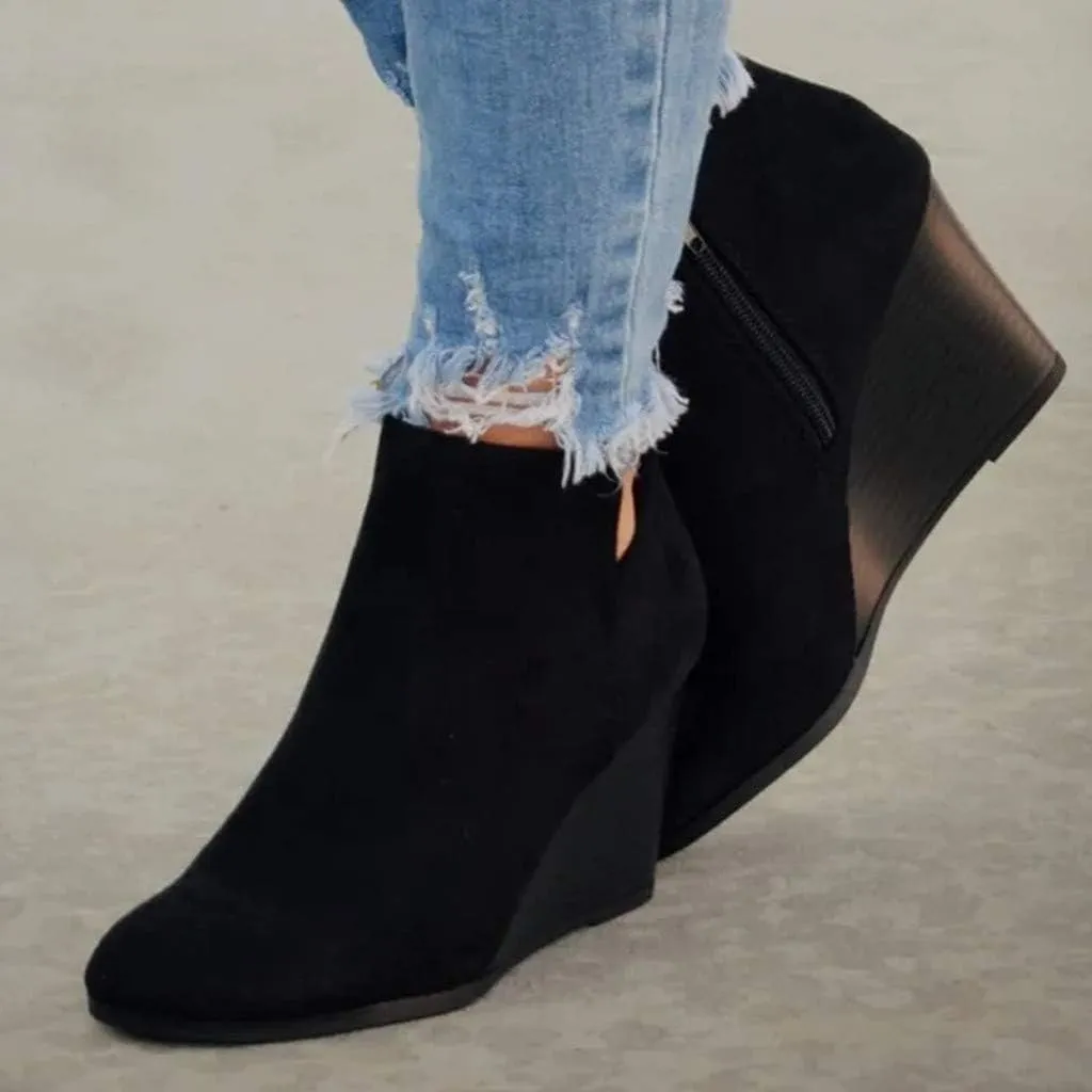 Women's Wedge Ankle Booties Comfortable Side Zipper Slip on Cutout Pointed Toe Chunky Heel Ankle Boots