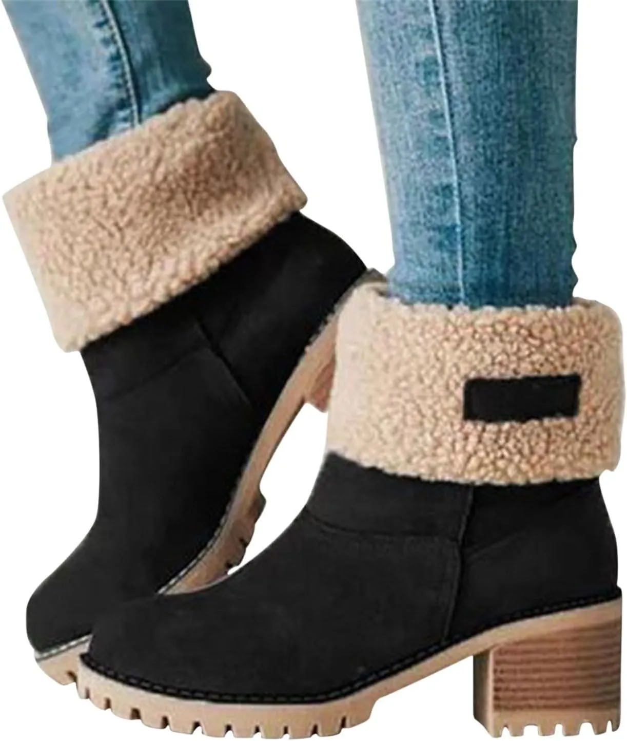 Womens Winter Boots with Fur Lined Snow Fuzzy Ankle Booties Fashion Slip On Warm Shoes Womens Snow Boots Waterproof Insulated High Heel Boot