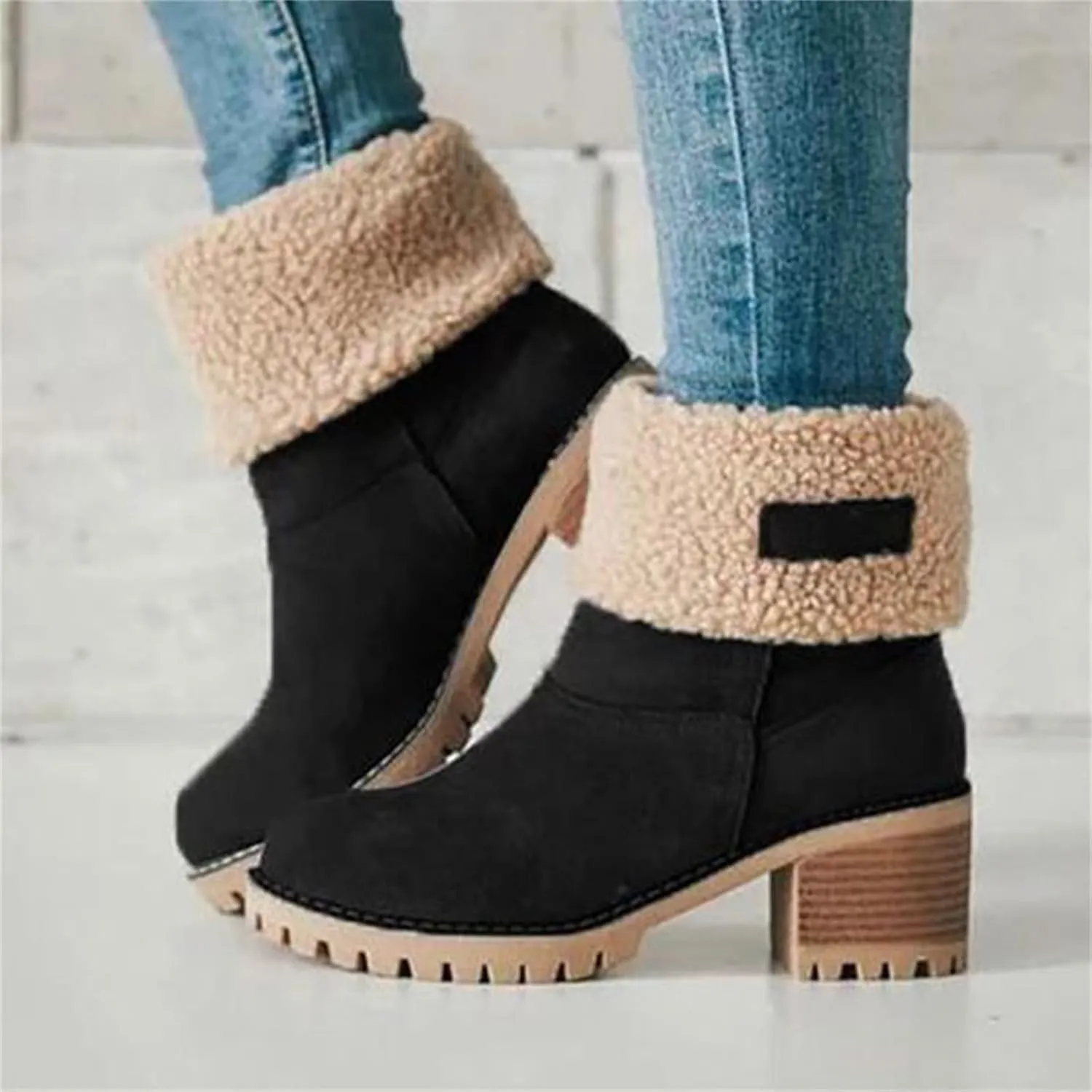 Womens Winter Boots with Fur Lined Snow Fuzzy Ankle Booties Fashion Slip On Warm Shoes Womens Snow Boots Waterproof Insulated High Heel Boot