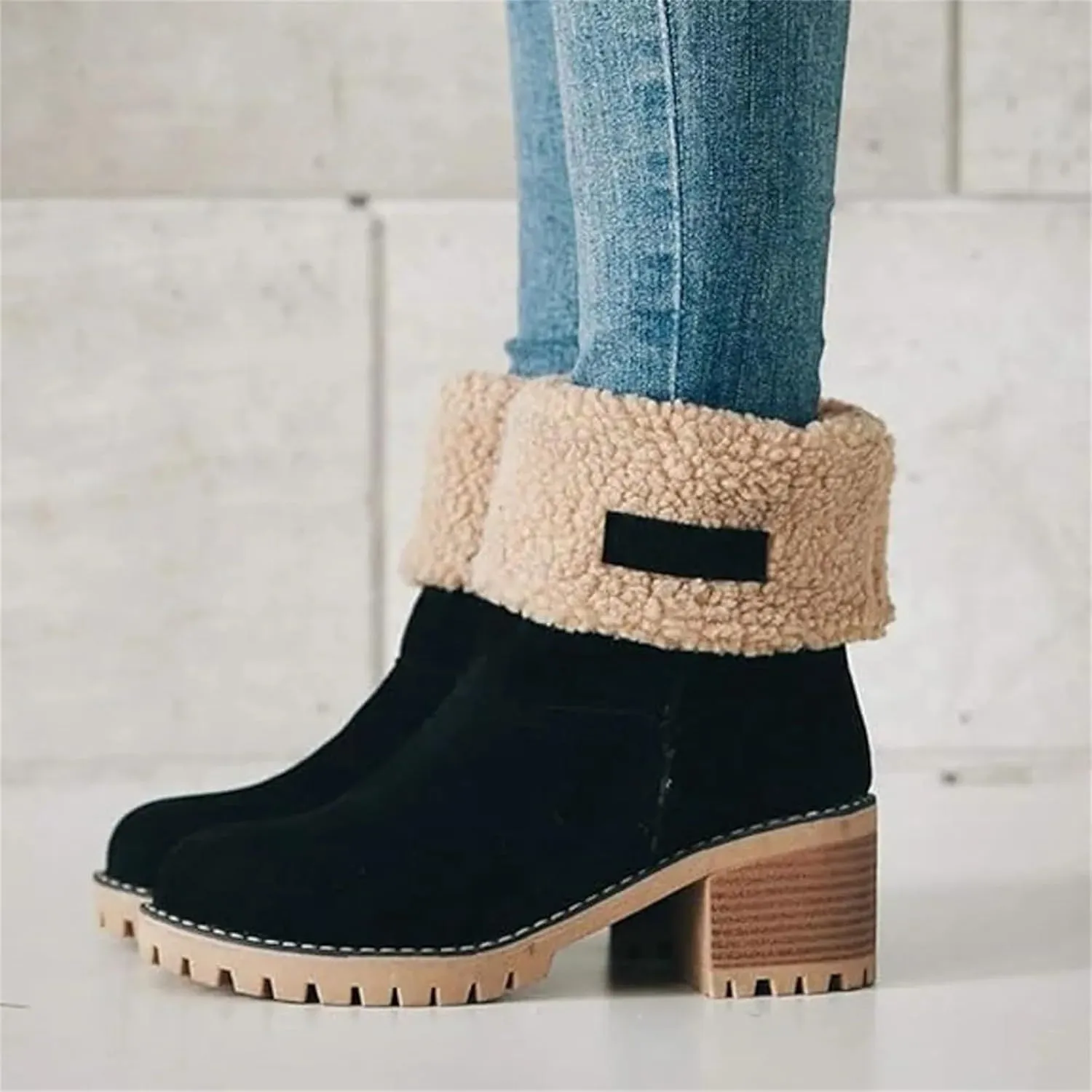 Womens Winter Boots with Fur Lined Snow Fuzzy Ankle Booties Fashion Slip On Warm Shoes Womens Snow Boots Waterproof Insulated High Heel Boot