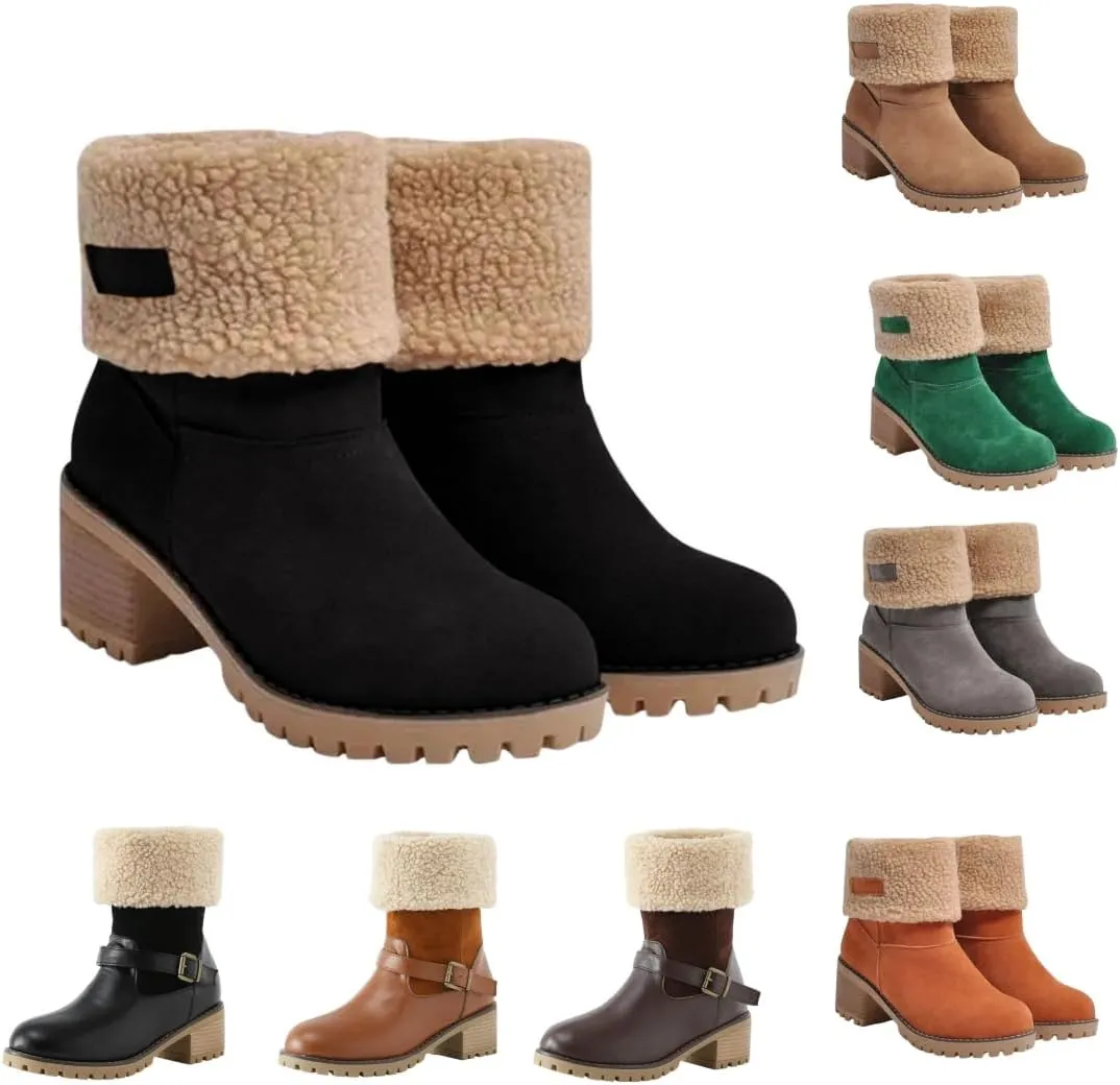 Womens Winter Boots with Fur Lined Snow Fuzzy Ankle Booties Fashion Slip On Warm Shoes Womens Snow Boots Waterproof Insulated High Heel Boot
