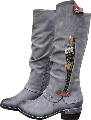 Women's Winter Long Shaft Boots Solid Color Leather Biker Boots Vintage Over The Knee Boots Cowboy Boots with Zipper Fashion Motorcycle Boots with Block Heels