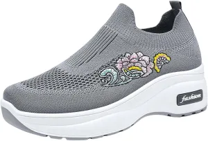 Womens Woven Shoes High Heel Slip-on Women's Sneakers Loafers Solid Color Lightweight Cute Round Toe Sneakers Thick Sole Casual Outdoor Walking Shoe