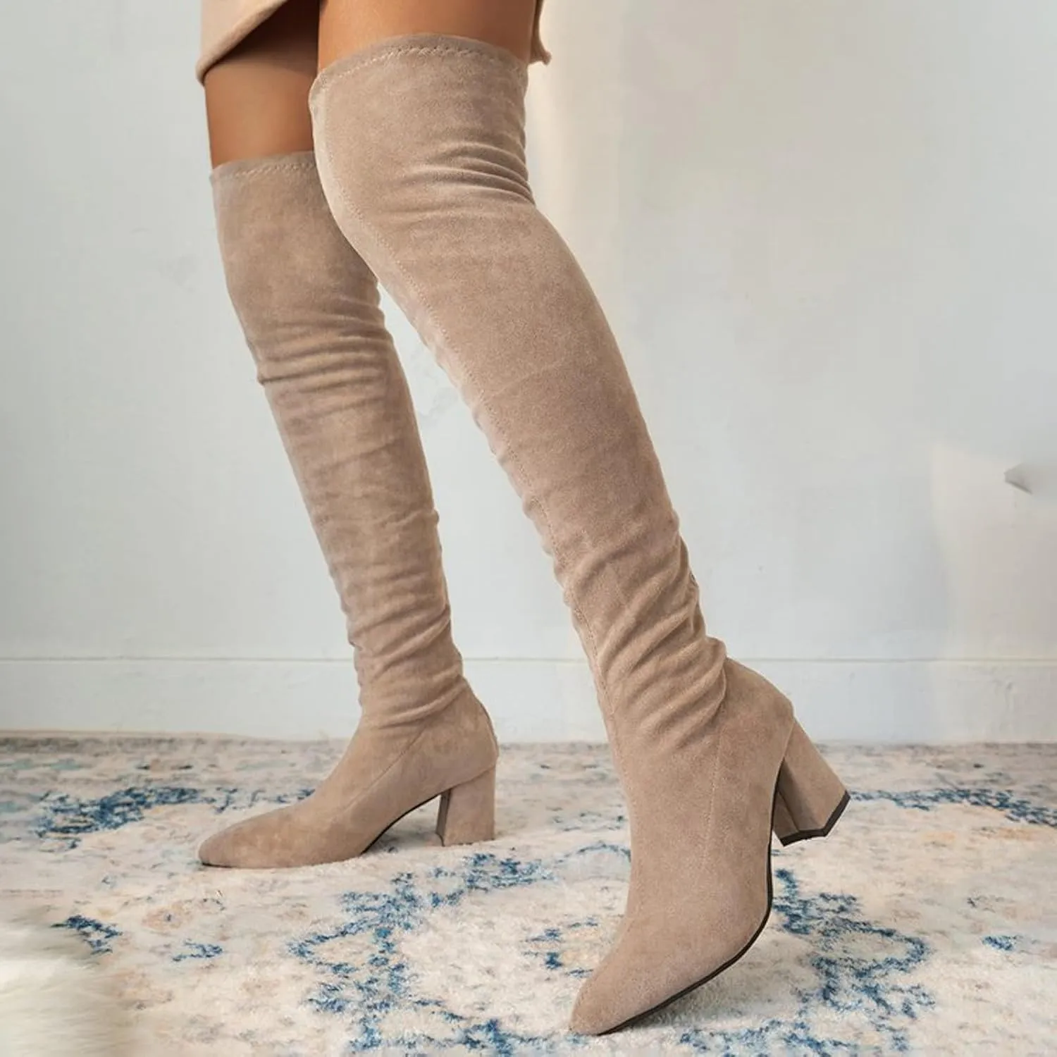 Womenyiaor Women's Thigh High Boots, Platform Over The Knee Boots Chunky Heel Long Stretch Knee High Boots Comfortable Round Toe Fashion Suede Winter Boots