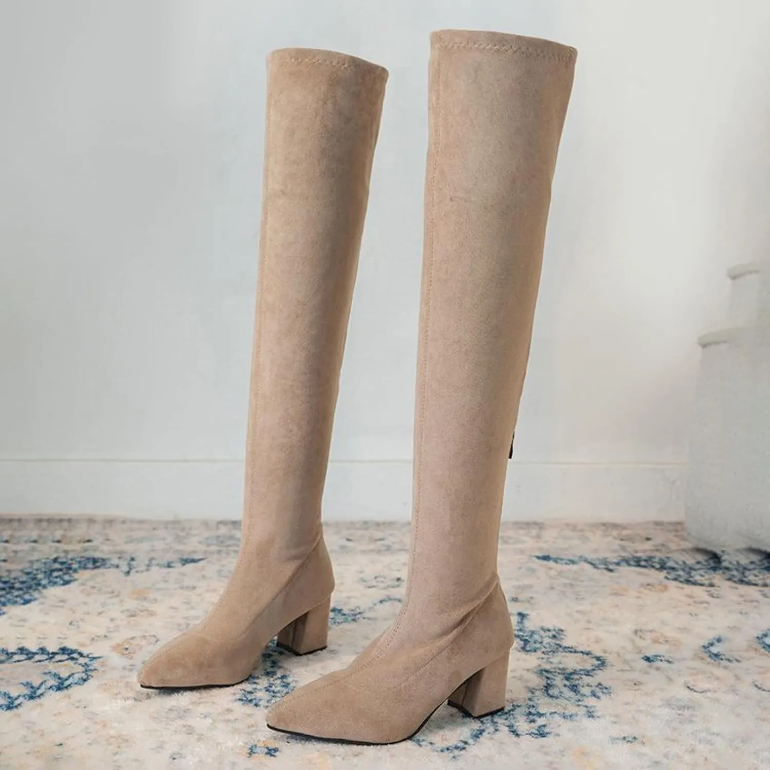 Womenyiaor Women's Thigh High Boots, Platform Over The Knee Boots Chunky Heel Long Stretch Knee High Boots Comfortable Round Toe Fashion Suede Winter Boots