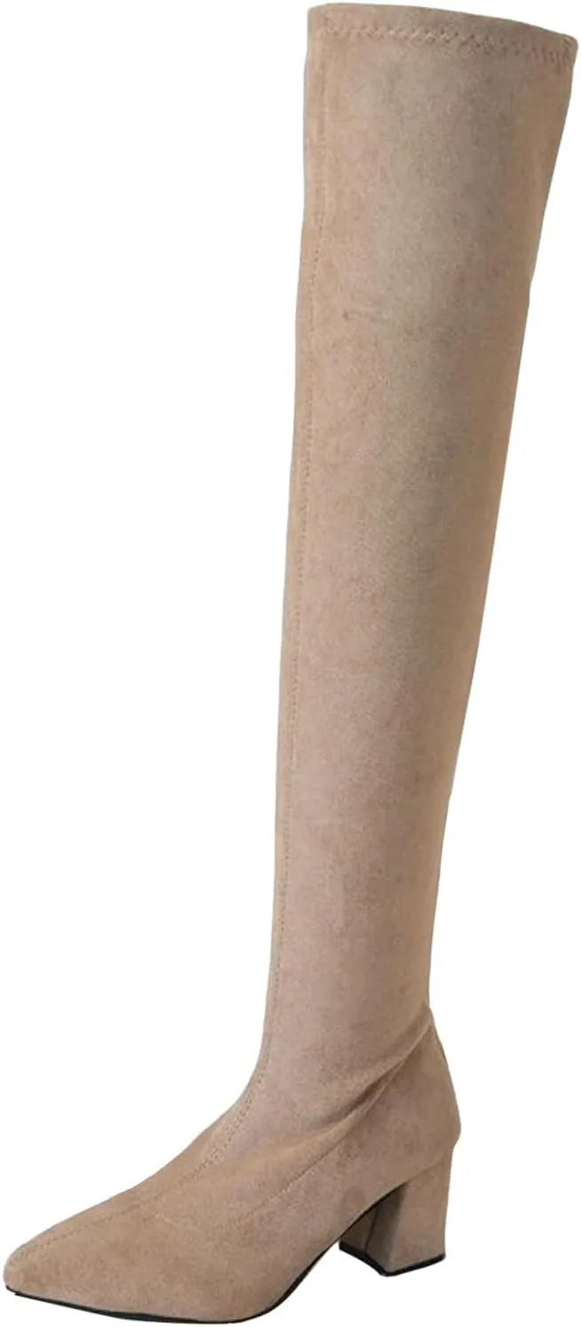 Womenyiaor Women's Thigh High Boots, Platform Over The Knee Boots Chunky Heel Long Stretch Knee High Boots Comfortable Round Toe Fashion Suede Winter Boots