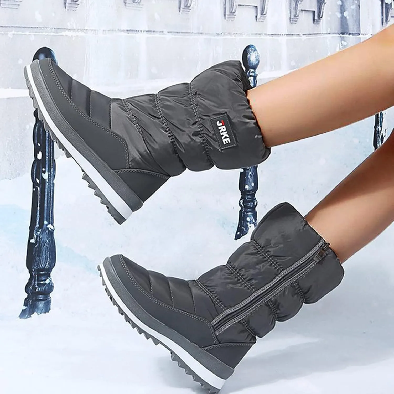 Zipper Snow Boots For Women Slip On Winter Boots Warm Ski Boots Mid Calf Outdoor Boots Anti Slip Fur Lined Boots